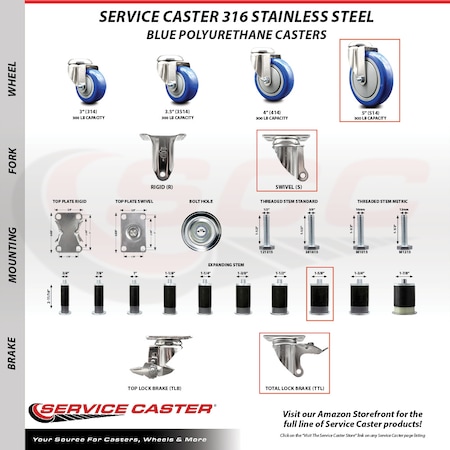 Service Caster 5 Inch 316SS Blue Poly Swivel 1-5/8 Inch Expanding Stem Caster Lock Brake, 2PK SS316TTLEX20S514-PPUB-BLUE-2-S-2-158
